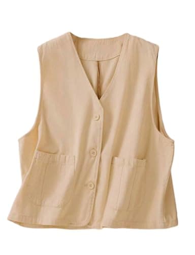 Womens Linen Vest Tops Casual Button Down Sleeveless Blazer — Khaki