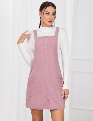 IDEALSANXUN Women's Pockets Corduroy Button Down Overall Dress