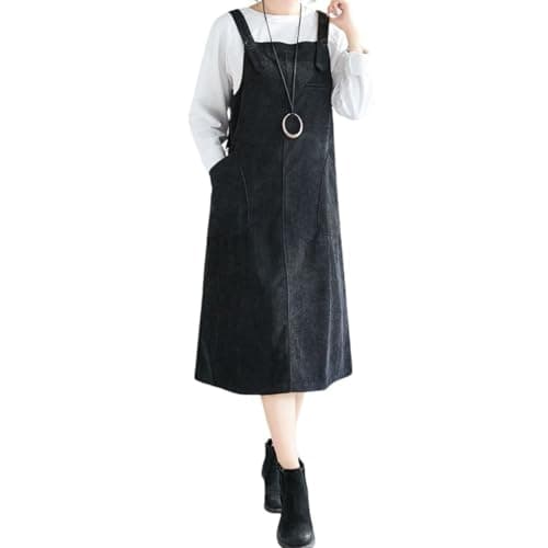 Chouoya Women's Cute Sleeveless Corduroy Midi Dress with Pocket — Black