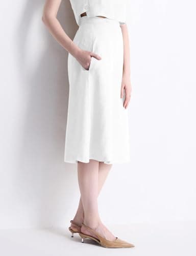 IDEALSANXUN Women's Linen High-Waisted A-Line Midi Skirt with Slit