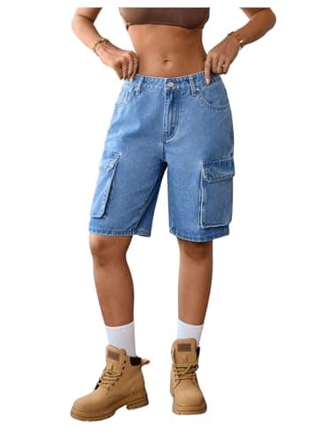 MakeMeChic Women's Low Waist Denim Cargo Bermuda Shorts — Blue