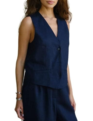 IdealSANXUN Women's Linen Summer Sleeveless Blazer Vest Top — Navy
