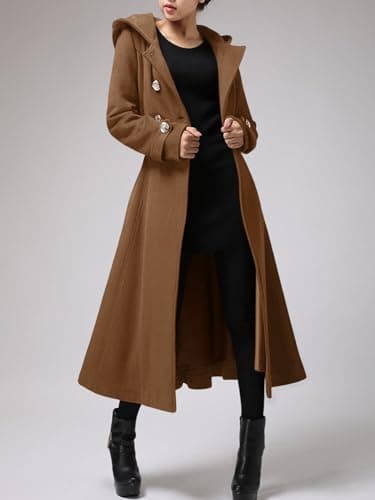 Cicy Bell Women's Winter Warm Long Double-Breasted Hooded Wool Trench Coat with Belts