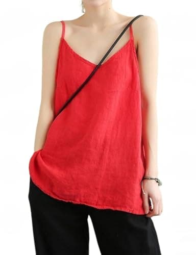 Linen Tank Tops for Women: Casual V Neck Summer Camisole — Red