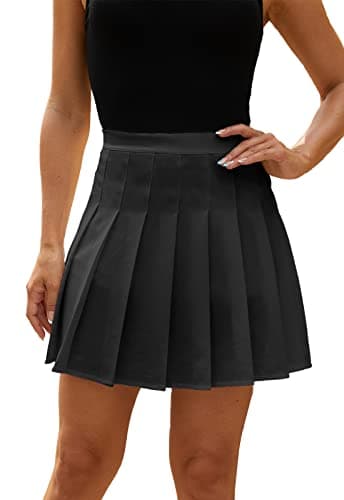HERBATOMIA Women's High-Waist Casual Pleated Midi Skirt with Pocket — Black