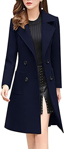 Chouyatou Women's Elegant Notched Collar Double Breasted Wool Blend Coat — Navy Blue