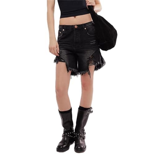 Raruxxin Women's Y2K Wide Leg Low Waist Cargo Jean Shorts with Pockets — G Black Tassel