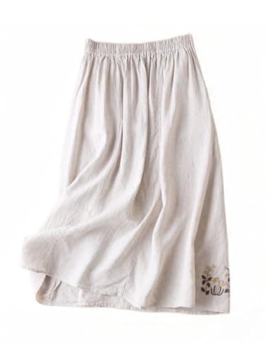 Linen Skirt for Women: 2024 Summer Flowy A Line Embroidered Midi Skirt with Pockets