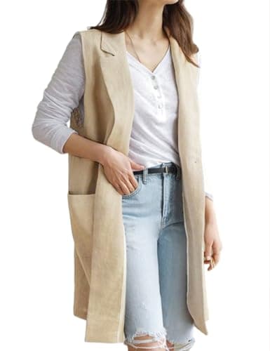 Womens Linen Sleeveless Blazer Jacket — Beige