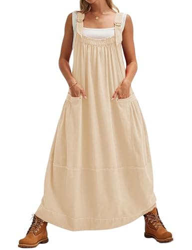 Yeokou Women's Midi Travel Dress with Adjustable Straps and Big Pockets — Apricot