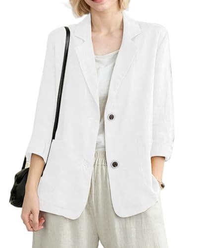 YOUNIFIZ Women's Linen 3/4 Sleeve Notch Lapel Summer Casual Blazer Jackets with Pockets — A_white