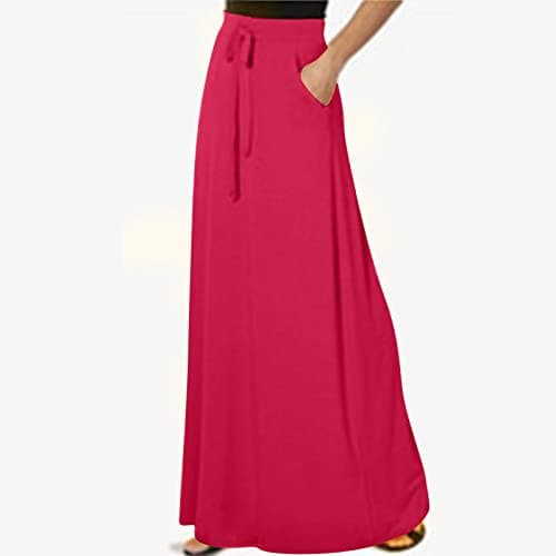 Womens High Elastic Maxi Drawstring Ankle Length Skirts Solid Pockets — Red