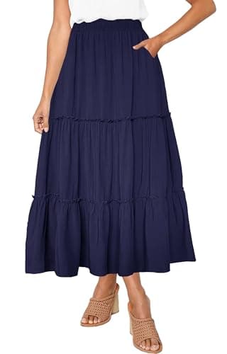Afibi Women's High Waist A-Line Ruffle Swing Maxi Skirt with Pockets — Navy Blue