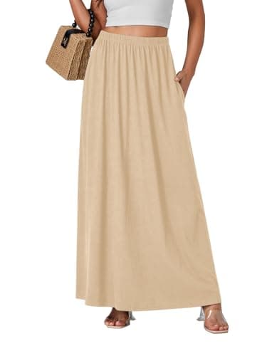 Vrtige Women's Casual High Waist Flowy Hem A-Line Maxi Skirt with Pockets — Beige