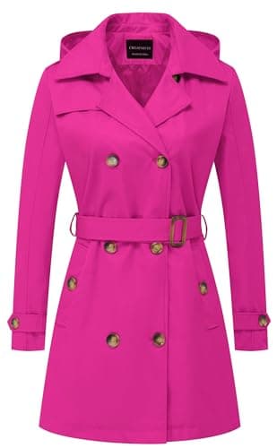 CREATMO Women's Classic Double-Breasted Trench Coat with Detachable Hood — Rose Red