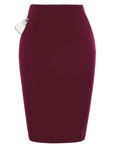 Kate Kasin Women's Knee-Length Stretchy Elastic Waist Business Pencil Skirt — Wine Red