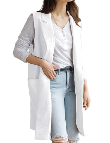 Womens Linen Sleeveless Blazer Jacket — White