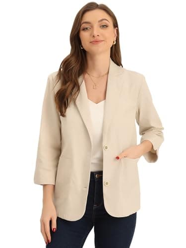 Women's Allegra K Linen Blazer 3/4 Sleeve Notched Collar Office Suit Jacket