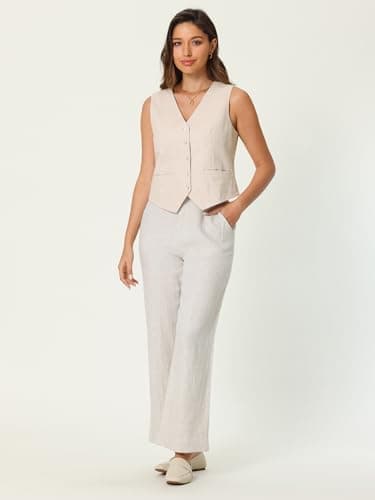 Hobemty Women's Linen V-Neck Button-Down Formal Waistcoat