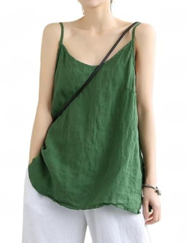 Linen Tank Tops for Women: Casual V Neck Summer Camisole — Green