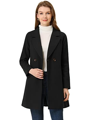 Allegra K Women's Notched Lapel Double Breasted Winter Coats — Black