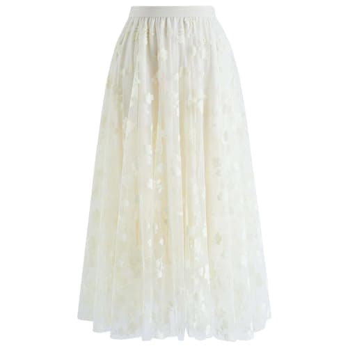 CHICWISH Women's 3D Posy Double-Layered Midi Skirt — Cream-3d Posy