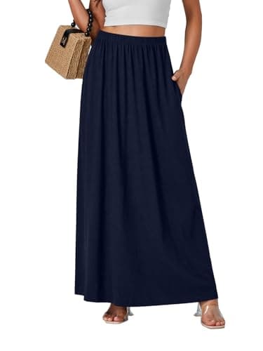 Vrtige Women's Casual High Waist Flowy Hem A-Line Maxi Skirt with Pockets — Navy Blue