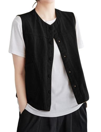 Womens Cotton Linen Vest Casual Button Down Sleeveless Spring Jackets — Black
