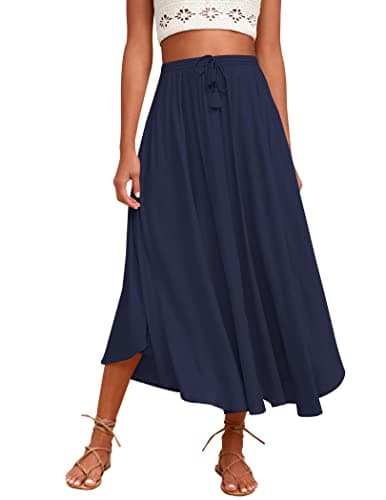 Zeagoo Women's High-Waisted Elastic Midi Skirt with Brown Leaf Print XXL — Navy Blue