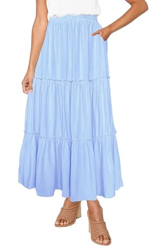 Afibi Women's High Waist A-Line Ruffle Swing Maxi Skirt with Pockets — Blue