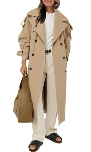 Womens Oversized Long Trench Coat Double Breasted Windproof Belted Overcoat — Khaki
