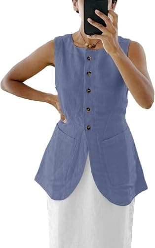 IDEWO Women's Lightweight Summer Linen Vest Blazer Pockets Casual Jackets — Blue