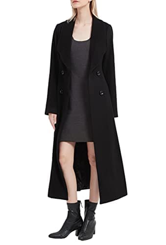 PENER Women's Classic Long Wool Trench Coat Winter Thick Double Breasted Jacket — Black Suit Collar- Style 12