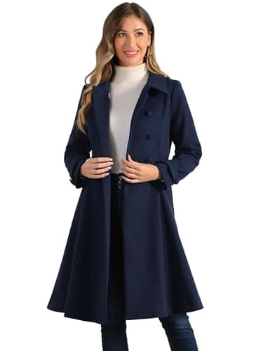 Allegra K Women's Winter Line Trench Coat Lapel Swing Double Breasted — Dark Blue