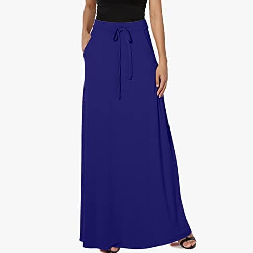 Womens High Elastic Maxi Drawstring Ankle Length Skirts Solid Pockets — Dark Blue