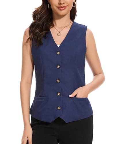 YOUNIFIZ Women's Lightweight Linen V-Neck Pocket Summer Vest — Navy Blue
