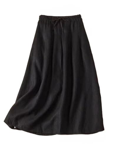 Linen Skirts for Women: A Line Casual Flowy Elastic High Waisted Drawstring Midi Skirt — Black