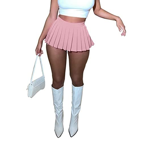HAOYUAN Women's Mini Pleated Stretchy Skater Skirt — Pink