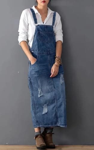 Chouuyaotou Women's Distressed Denim Overall A-Line Pinafore Dress with Split Adjustable Straps