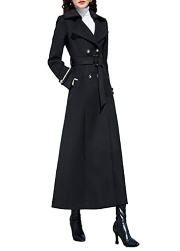 PENER Women's Classic Long Wool Trench Coat Winter Thick Double Breasted Jacket — Black-suit Collar- Style 3