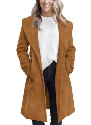 Fazortev Women's Winter Pea Coat with Big Lapel and Pockets — Camel