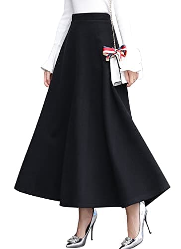 Vintage High Waist Wool Blend Plaid A-Line Maxi Skirt for Women — Pure Black
