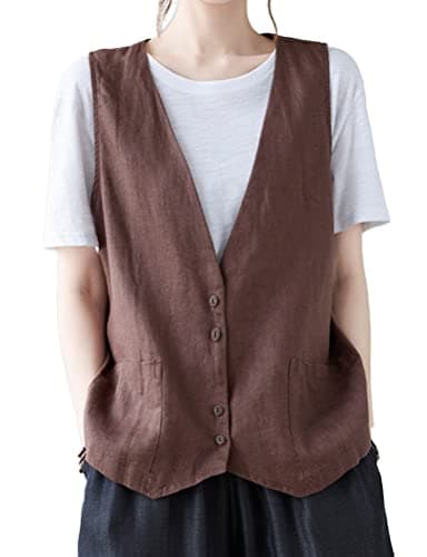 Women's Cotton Linen Vest Lightweight Jacket — #2 Coffee