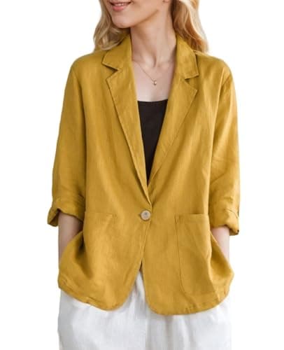 YOUNIFIZ Women's Linen 3/4 Sleeve Notch Lapel Summer Casual Blazer Jackets with Pockets — B_yellow