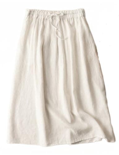 Linen Skirts for Women: A Line Casual Flowy Elastic High Waisted Drawstring Midi Skirt — White