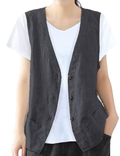 Women's Cotton Linen Vest Lightweight Jacket — Dark Grey