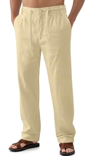 Janmid Men's Casual Linen Pants Elastic Waist Drawstring Yoga Beach trousers — Khaki
