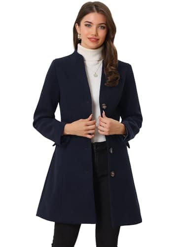 Allegra K Women's Elegant V-Neck Winter Overcoat — Dark Blue