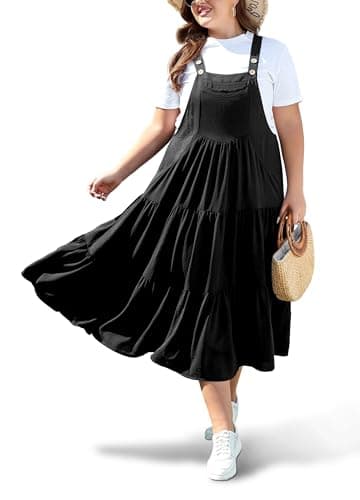 Moon Wood Plus Size Bib Overall Dress with Pockets Summer Casual