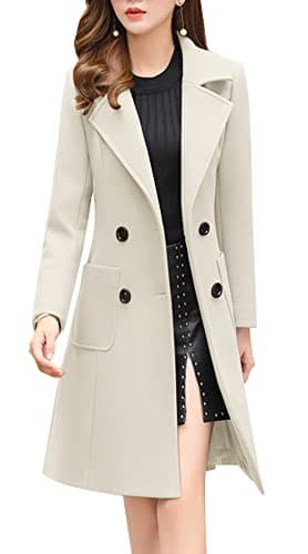 Chouyatou Women's Elegant Notched Collar Double Breasted Wool Blend Coat — Off-white